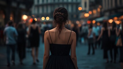 black dress city woman stylish young woman walking in busy city square