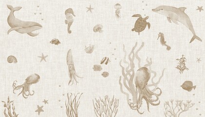 Neutral Tone Under the Sea Animals Seamless Pattern, Elegant Ocean Life Illustration for Children's Decor  © csinie1