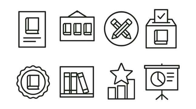 Line style icons of book selection and voting: reader poll slip, shortlist board, tie-break token, vote box icon, community pick badge, suggested reads shelf, majority wins star, democratic choice