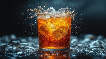 Iced drink splash with dark background.