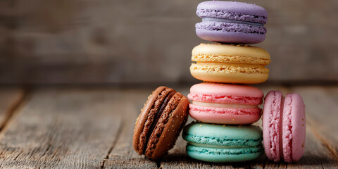 Stack of Pastel Macarons on Wooden Surface