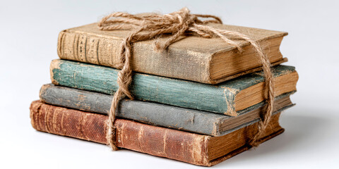 Stack of Vintage Books Tied with Twine on White Background