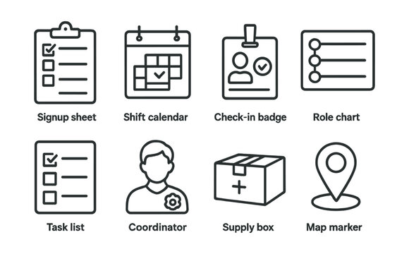 Line style icons of volunteer logistics: signup sheet, shift calendar, check-in badge, role chart, task list, coordinator icon, supply box, map marker.