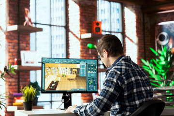 Interior designer uses assets from 3D modeling application digital library filled with furniture,...