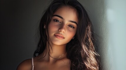 Naklejka premium Close-Up Portrait Of A Serene Young Woman With Freckles, Bathed In Soft Natural Light, Capturing Her Youthful Beauty And Calm Expression.