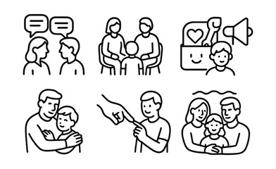 Line style icons of family support: open talk, parenting session, emotional toolkit, child voice, bonding time, trust-building, shared emotion, family calm.