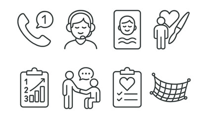 Line style icons of emotional crisis response: hotline number, calm agent, breathing card, suicide prevention icon, coping steps, peer support line, care plan, safety net.