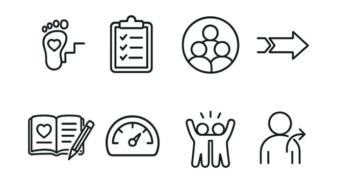 Line style icons of recovery support: healing steps, daily plan, accountability circle, slow progress arrow, support journal, recovery meter, peer cheer, follow-up icon.