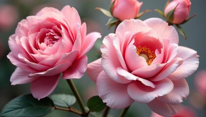 Bold oversized roses & peonies, muted palette, wallpaper, soft