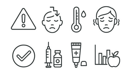 Line style icons of symptoms and prevention: alert icon, energy dip, thirst scale, visual blur icon, regular check mark, insulin guide, hypo rescue, food correction chart.