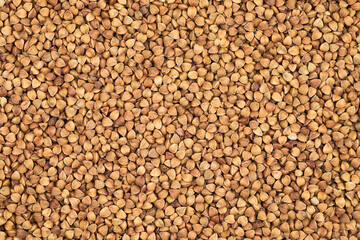 Buckwheat grains filling entire frame, healthy organic food background.