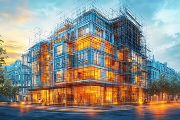 Open atrium exterior architecture illustration ecodesign overlay in warm goldenhour light