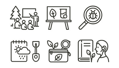 Line style icons of nature-based learning: forest classroom, outdoor science board, tree ring chart, bug viewer icon, weather log, field kit icon, nature notebook, listening session.