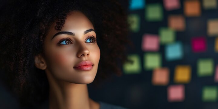 businesswoman vision board businesswoman posting sticky notes on vision board