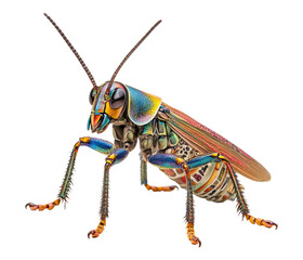 Colorful Grasshopper Close-Up with Detailed Features and Textures, Isolated on Transparent Background