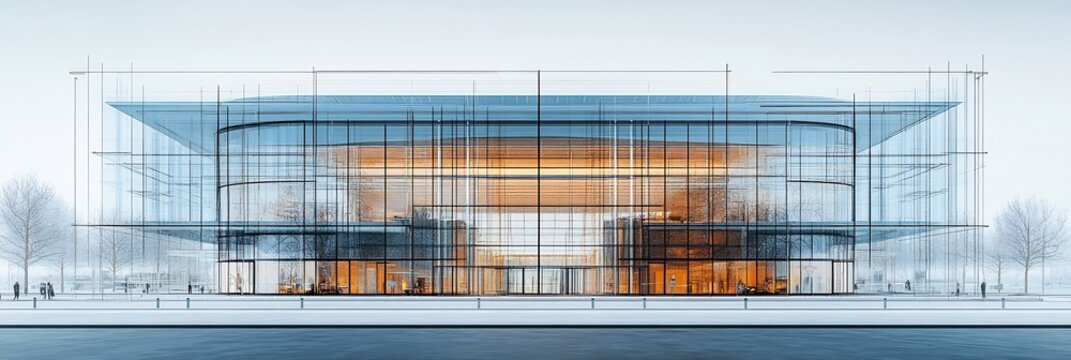 Exterior glass faade architecture illustration solarpanel schematic in soft diffused light