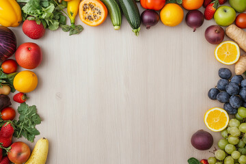 A colorful flat lay of various fruits and vegetables arranged around a light wooden background. The assortment includes oranges, grapefruits, strawberries, bananas, kiwi, grapes, and more.