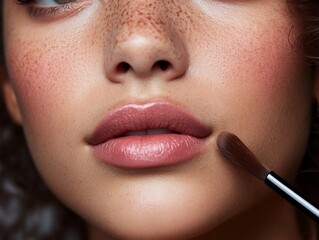 model concealer brush model applying concealer around lips after lipstick