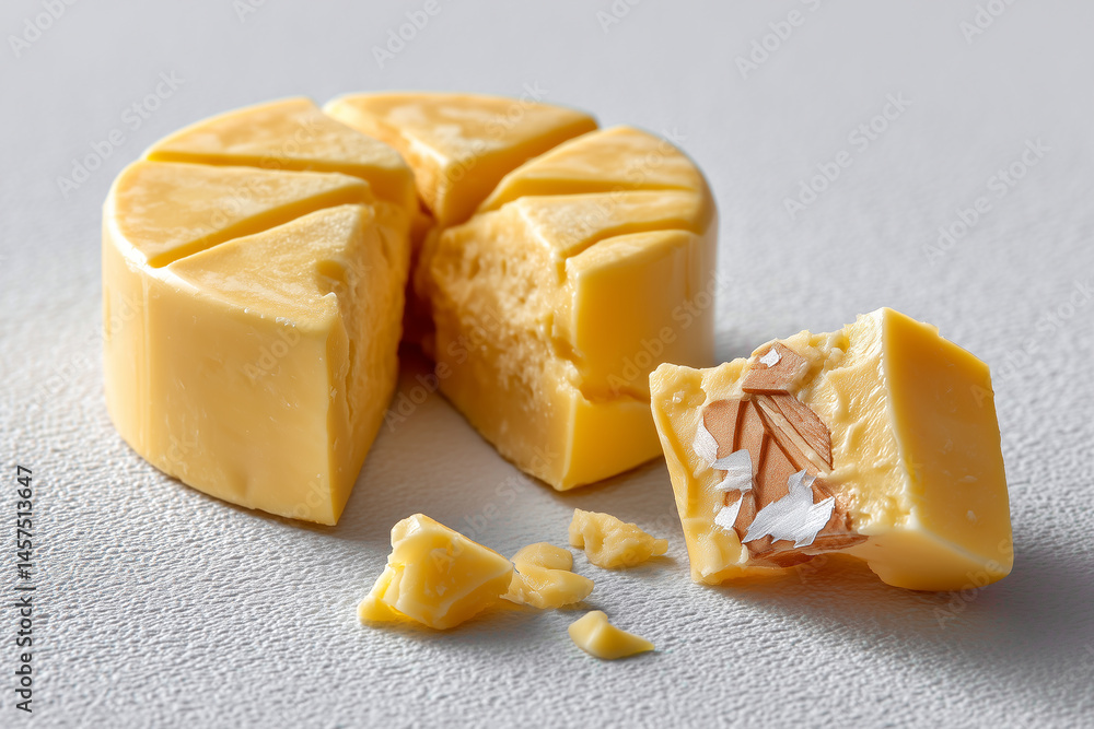 Poster chunk of romano cheese broken with sharp edge on clean white surface. this minimalist style evokes f