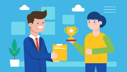 Employee Appreciation A manager presents an employee with an award or certificate in a workplace reinforcing good performance and encouraging future achievements.