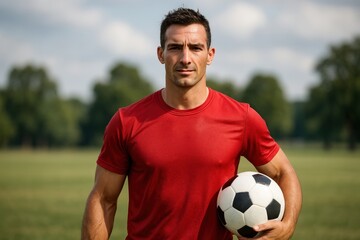 Athlete holding soccer ball outdoors.