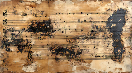 Aged sheet music notes displaying musical composition. [Harmonic Relics] | Toneworn Ruins | faded chorus. Illustration