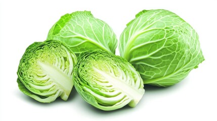 Fototapeta premium Fresh green cabbages whole and cut on white background