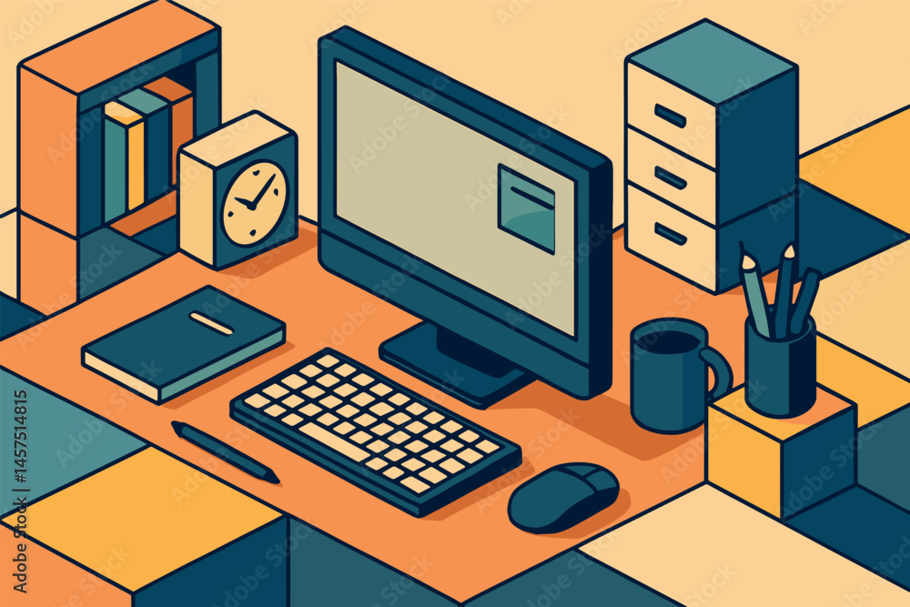 Poster vector illustration in geometric style of organized office setup built from clean isometric blocks