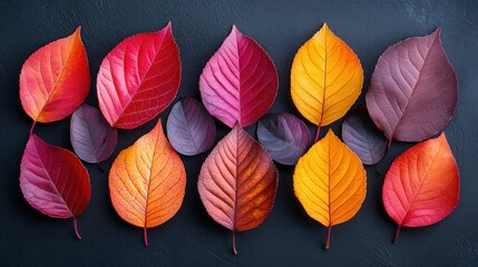 Obraz premium Vibrant autumn leaves in various shades of red, orange, and purple, arranged artfully on a dark surface