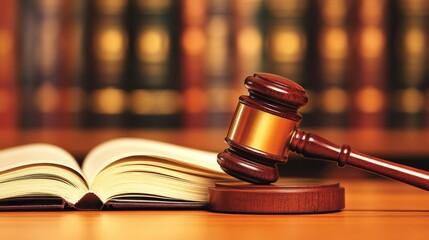 Gavel and book on desk with bookshelf background