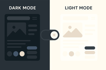 Vector illustration of dark mode and light mode UI themes side-by-side, with system toggle switch and adaptive color palettes