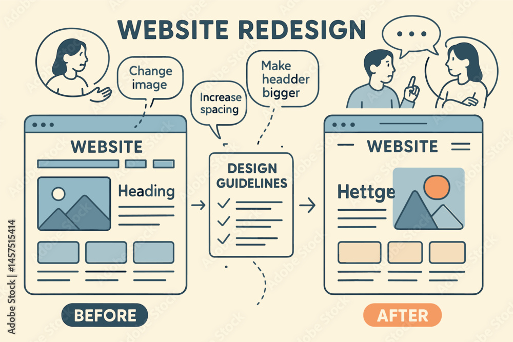 Poster vector illustration of website redesign process with two versions of the same homepage, feedback ann