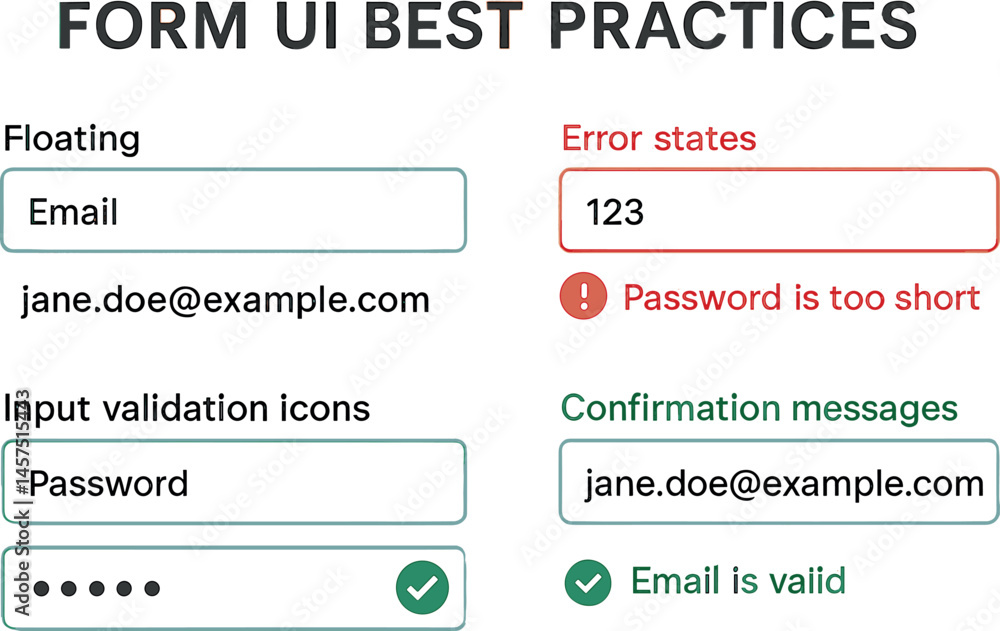 Poster vector illustration of form ui best practices including floating labels, error states, input validat