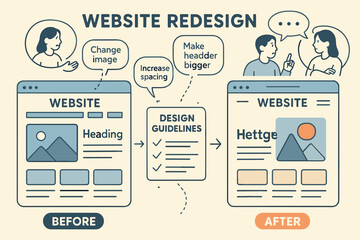 Vector illustration of website redesign process with two versions of the same homepage, feedback annotations, design guidelines, and team discussion bubbles