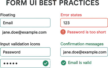 Vector illustration of form UI best practices including floating labels, error states, input validation icons, and confirmation messages