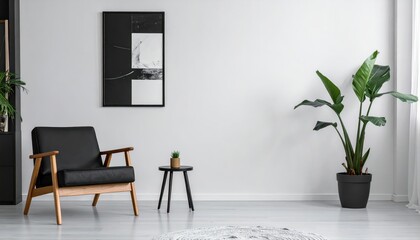 A modern armchair sits near a textured rug and potted plant in a bright, minimalist living room with a framed abstract artwork on the wall.