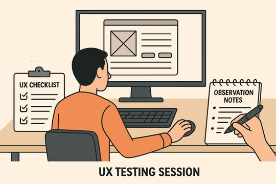 Vector illustration of UX testing session with user sitting at a desk, usability checklist, observation notes, and screen mirror view