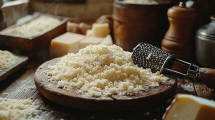 Parmesan cheese shavings and a metal grater resting on a wooden platter
