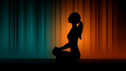 Woman in lotus position silhouette practicing yoga against a vertical striped background in calming teal and warm orange colors. - Powered by Adobe