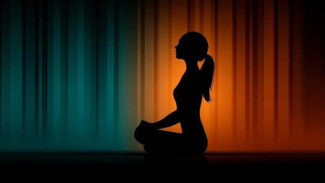 Woman in lotus position silhouette practicing yoga against a vertical striped background in calming teal and warm orange colors.