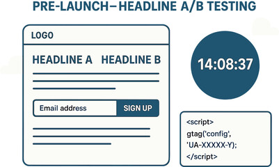 Obraz premium Vector illustration of landing page pre-launch with headline AB testing, email signup box, countdown timer, and Google Analytics snippet