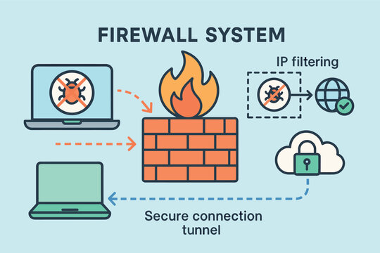 Vector illustration of firewall system concept with blocked malware attempts, IP filtering diagram, and secure connection tunnel