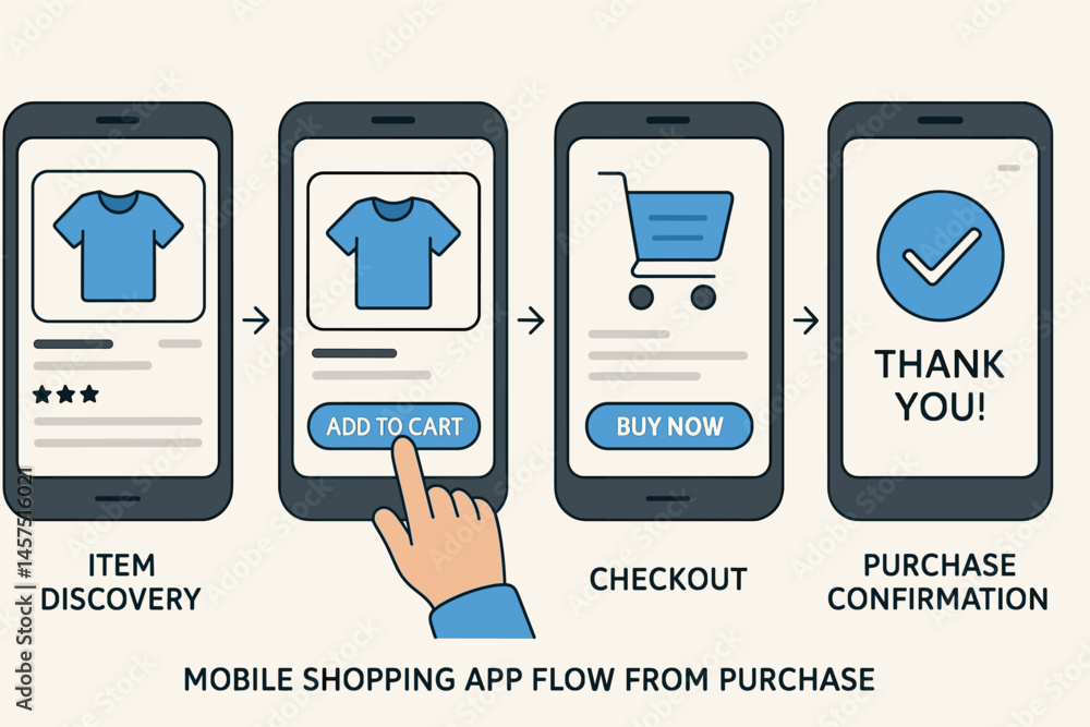 Aufkleber vector illustration of mobile shopping app flow from item discovery to purchase confirmation with sm