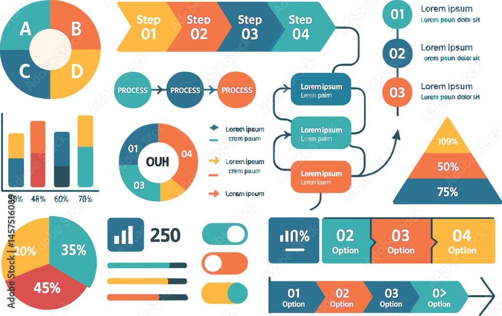 Poster vector illustration of a comprehensive collection of infographics including radial charts, process d