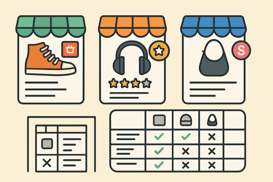 Vector illustration of multi-vendor marketplace with product listings from different shops, seller ratings, and comparison grid