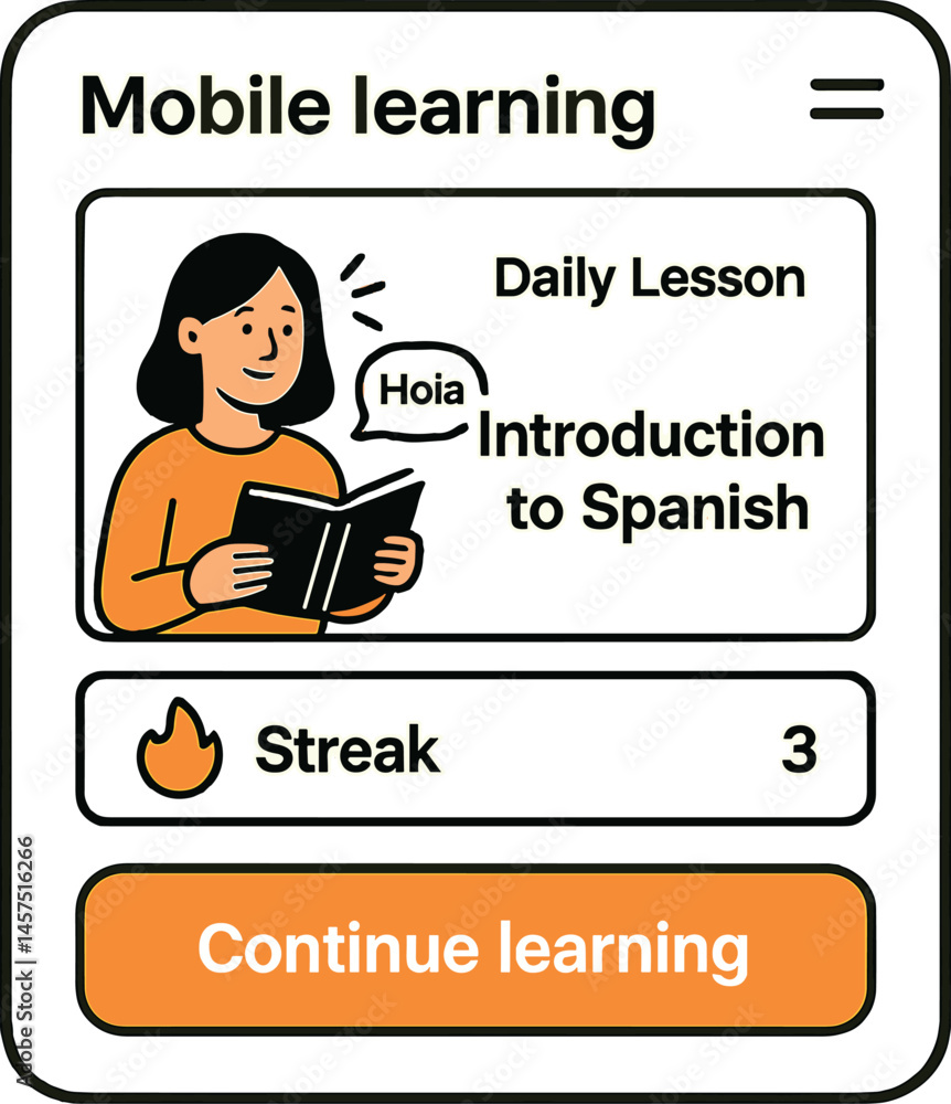 Poster vector illustration of mobile learning app interface showing daily lesson card, streak counter, and 