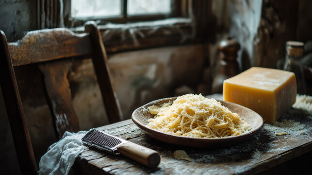 Spaghetti dish with grated cheese and a grater on a rustic table beside a wooden chair