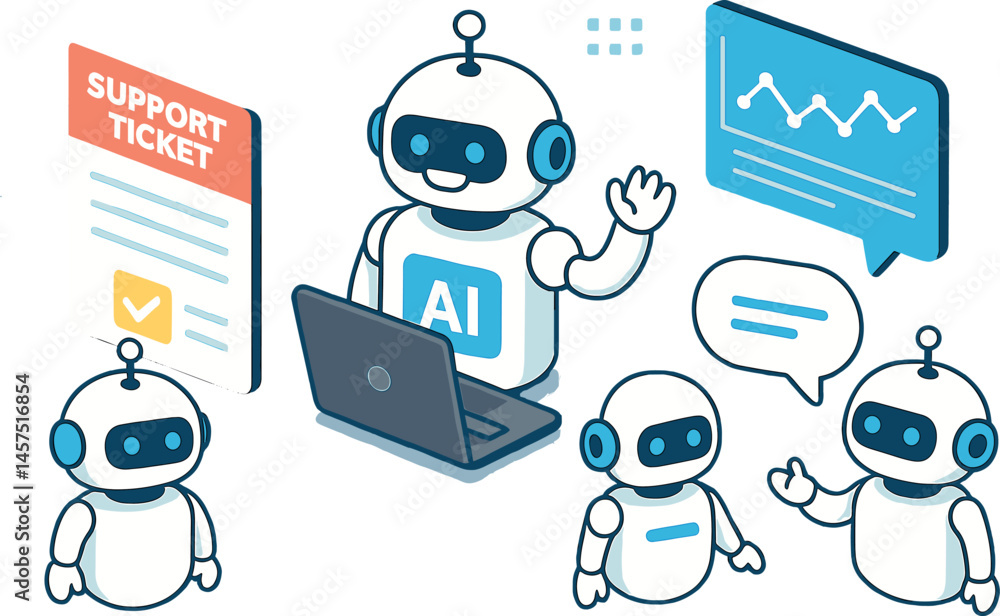 Aufkleber vector illustration in isometric style of ai-powered customer service chatbots with support tickets,