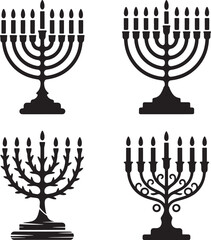 Vintage menorah with candles silhouette set vector illustration isolated On Transparent Background