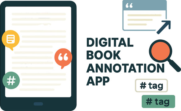 Vector illustration of digital book annotation app with margin note icons, quote exports, and searchable tags